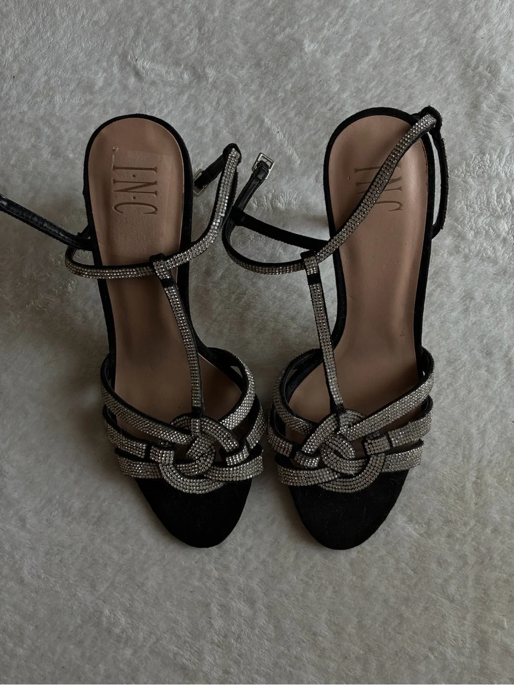 INC International Concepts Black Rhinestone Knot T-Strap Sandals